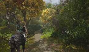 A screenshot from Assassin's Creed Shadows, showing Naoe, the female protagonist, on horseback, riding through a densely vegetated area.