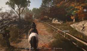 A screenshot from Assassin's Creed Shadows, showing Naoe riding on horseback down a windy mountain trail.