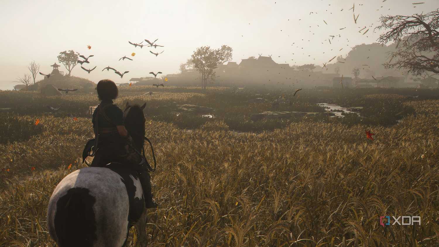 A screenshot from Assassin's Creed Shadows, showing Naoe on horseback in wetlands.