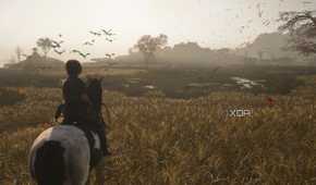 A screenshot from Assassin's Creed Shadows, showing Naoe on horseback in wetlands.