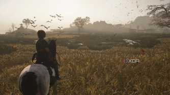 A screenshot from Assassin's Creed Shadows, showing Naoe on horseback in wetlands.