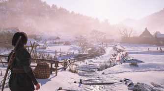 A screenshot from Assassin's Creed Shadows, showing a snow-covered village.