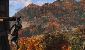 A screenshot from the game Assassin's Creed Shadows, showing Naoe, the protagonist, hanging from a wooden ledge.