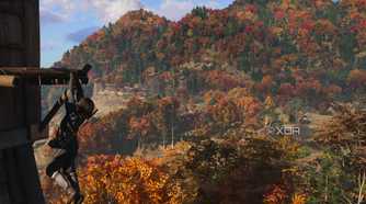 A screenshot from the game Assassin's Creed Shadows, showing Naoe, the protagonist, hanging from a wooden ledge.