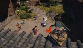 A screenshot from Assassin's Creed Shadows, showing Naoe, the protagonist, perched on a tiled ledge.