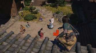 A screenshot from Assassin's Creed Shadows, showing Naoe, the protagonist, perched on a tiled ledge.