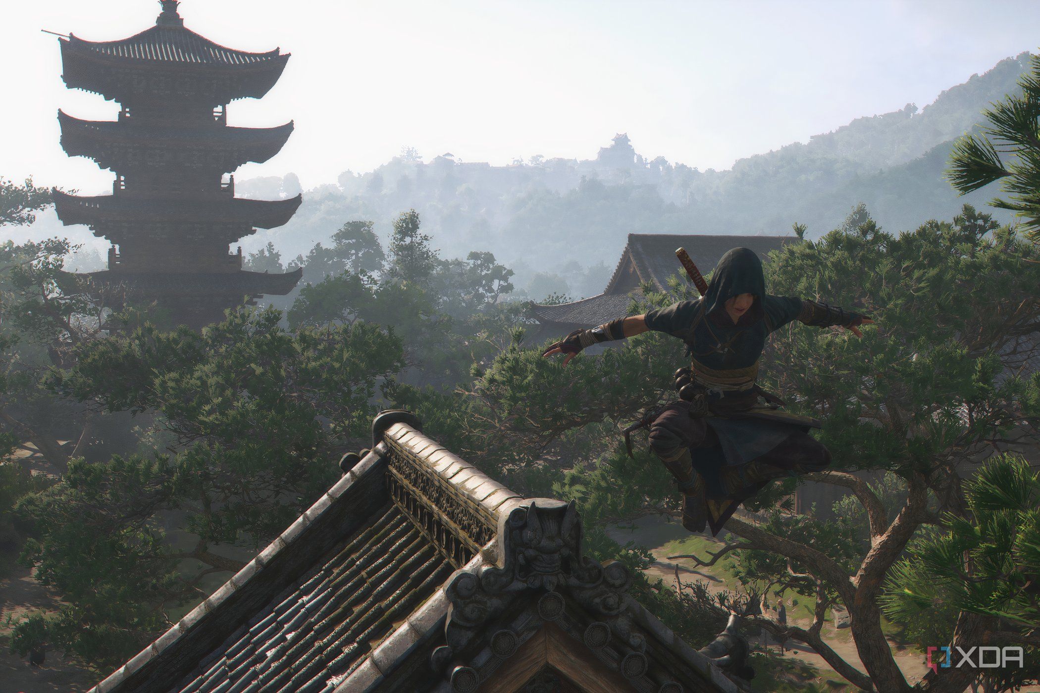 A screenshot from the game Assassin's Creed Shadows, showing Naoe, the protagonist, jumping off a roof.