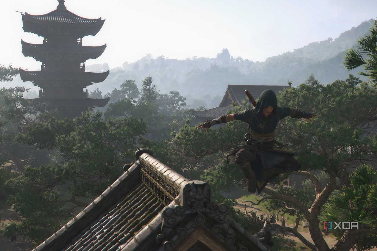 A screenshot from the game Assassin's Creed Shadows, showing Naoe, the protagonist, jumping off a roof.