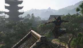 A screenshot from the game Assassin's Creed Shadows, showing Naoe, the protagonist, jumping off a roof.