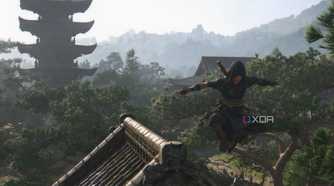 A screenshot from the game Assassin's Creed Shadows, showing Naoe, the protagonist, jumping off a roof.