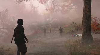 A screenshot from Assassin's Creed Shadows, showing a mist-covered mountain trail.