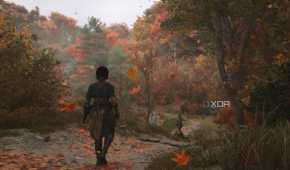 A screenshot from Assassin's Creed Shadows, showing Naoe, the female protagonist, walking through a beautiful mountain trail with autumn leaves falling around her.