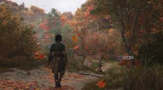 A screenshot from Assassin's Creed Shadows, showing Naoe, the female protagonist, walking through a beautiful mountain trail with autumn leaves falling around her.