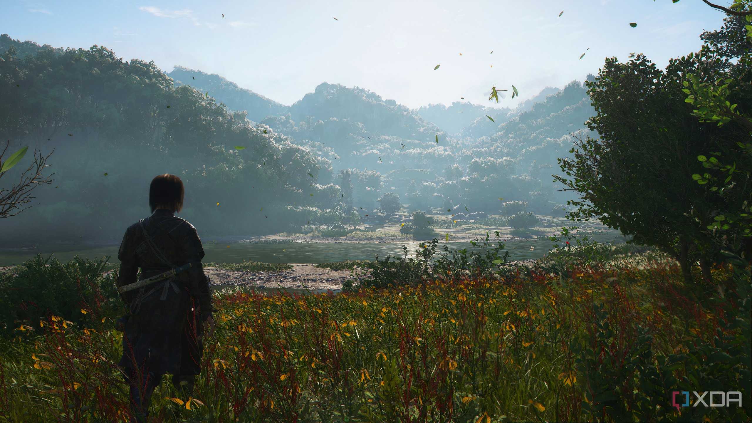 A screenshot from Assassin's Creed Shadows, showing Naoe standing in a beautiful grassland overlooking a valley.
