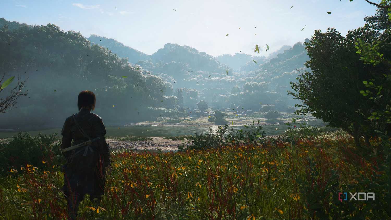 A screenshot from Assassin's Creed Shadows, showing Naoe standing in a beautiful grassland overlooking a valley.