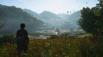 A screenshot from Assassin's Creed Shadows, showing Naoe standing in a beautiful grassland overlooking a valley.