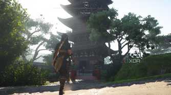 A screenshot from Assassin's Creed Shadows, showing Naoe, the female protagonist, walk up to a temple.