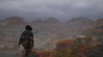 A screenshot from Assassin's Creed Shadows, showing Naoe, the female protagonist, perched atop somewhere high as the winds blow.