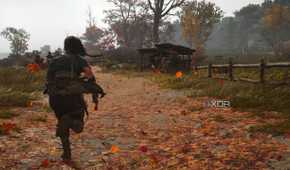 A screenshot from Assassin's Creed Shadows, showing Naoe, the female protagonist, running on a dirt road covered in fallen leaves.