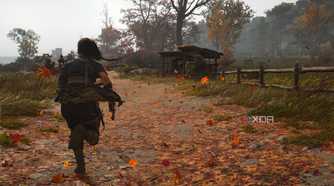 A screenshot from Assassin's Creed Shadows, showing Naoe, the female protagonist, running on a dirt road covered in fallen leaves.