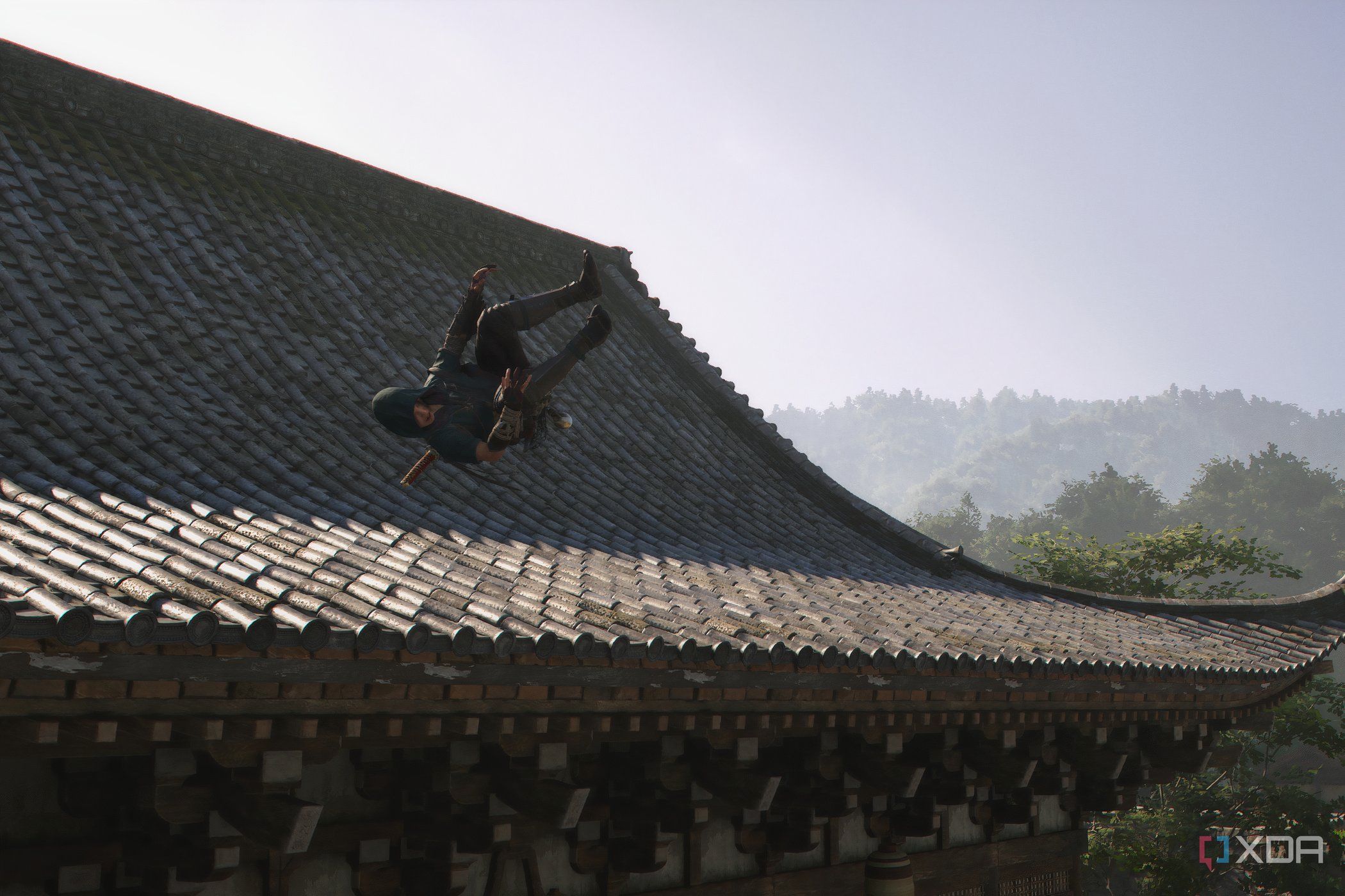 A screenshot from the game Assassin's Creed Shadows, showing Naoe, the protagonist, somersaulting off a building.