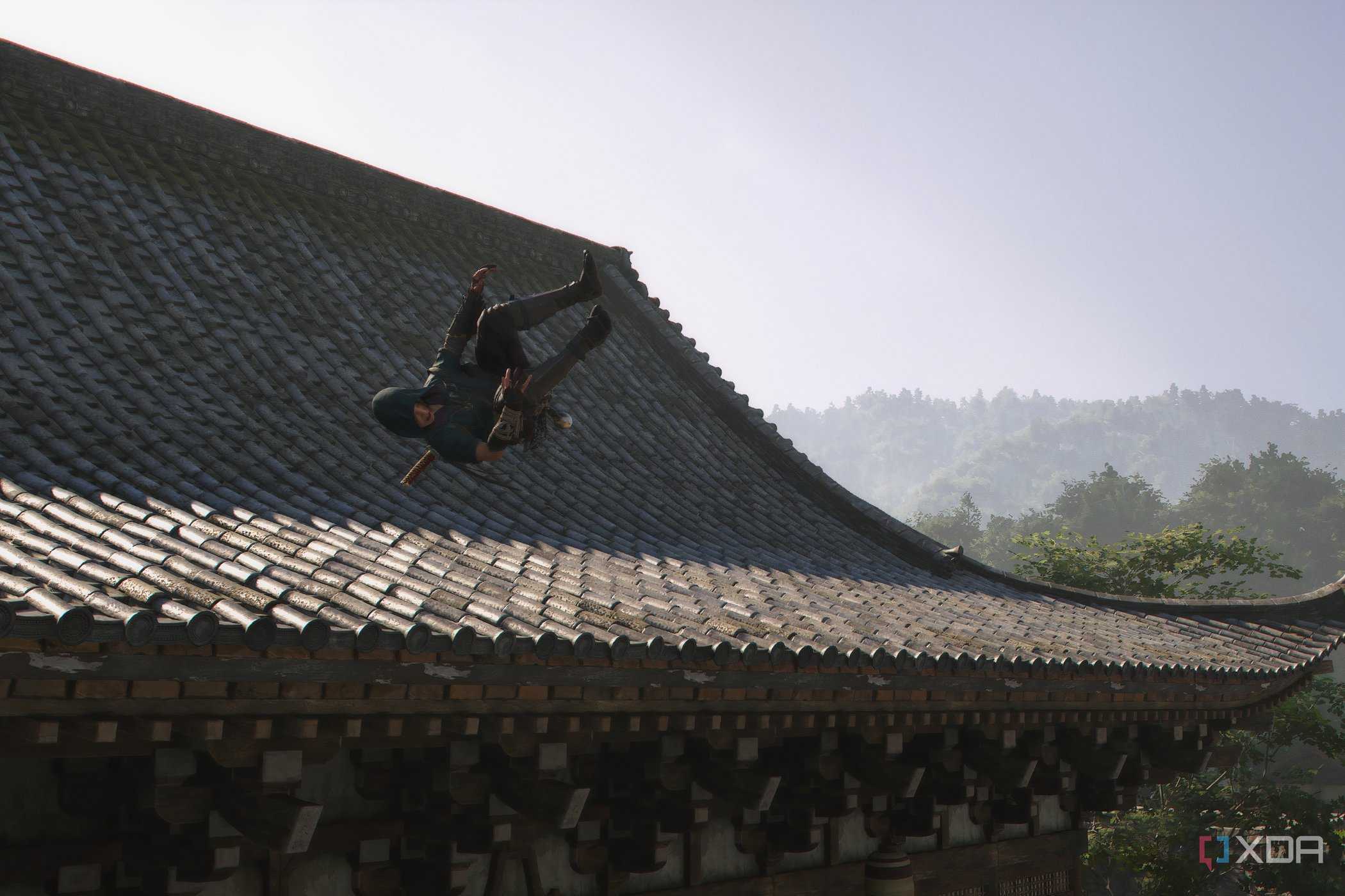 A screenshot from the game Assassin's Creed Shadows, showing Naoe, the protagonist, somersaulting off a building.