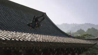 A screenshot from the game Assassin's Creed Shadows, showing Naoe, the protagonist, somersaulting off a building.