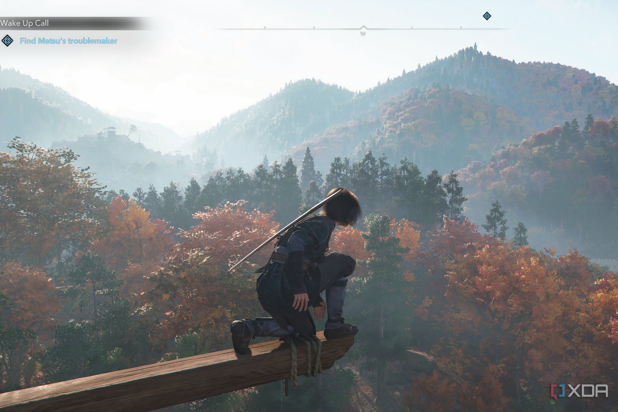 A screenshot from the game Assassin's Creed Shadows, showing Naoe, the protagonist, perched atop a plank.