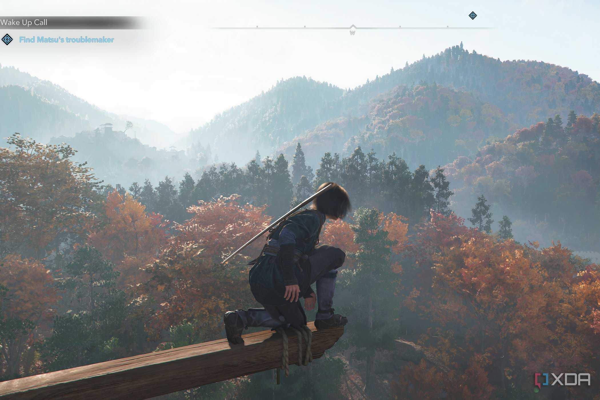 A screenshot from the game Assassin's Creed Shadows, showing Naoe, the protagonist, perched atop a plank.