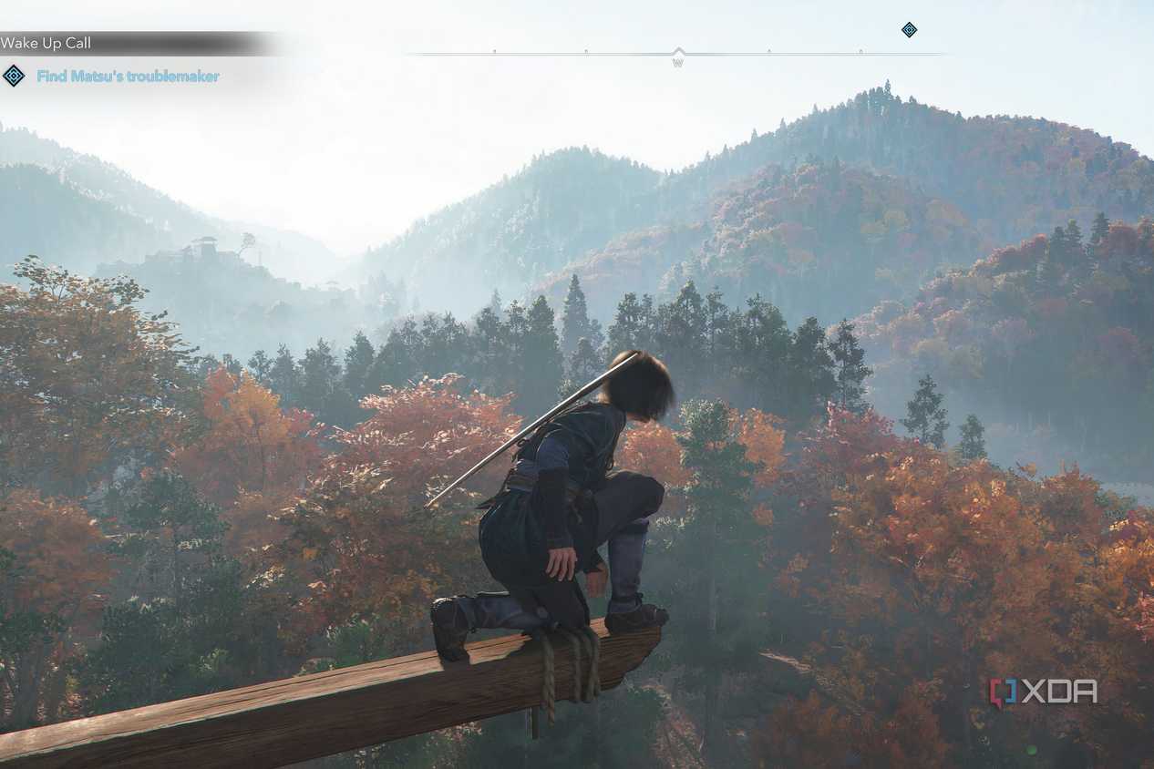 A screenshot from the game Assassin's Creed Shadows, showing Naoe, the protagonist, perched atop a plank.
