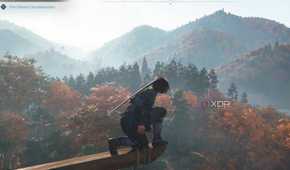 A screenshot from the game Assassin's Creed Shadows, showing Naoe, the protagonist, perched atop a plank.