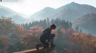A screenshot from the game Assassin's Creed Shadows, showing Naoe, the protagonist, perched atop a plank.