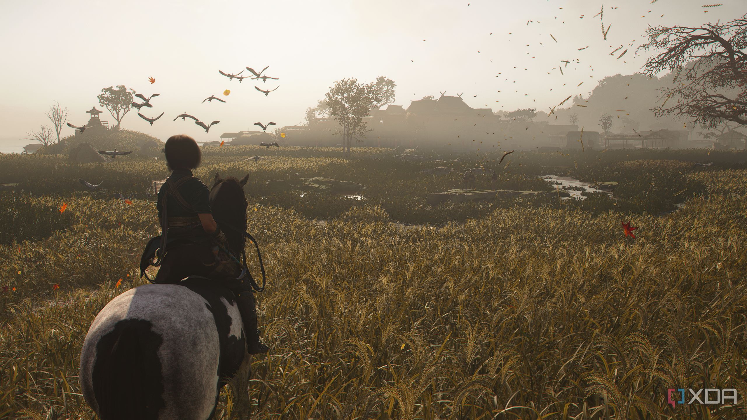 A screenshot from Assassin's Creed Shadows, showing a woman on horseback in the wetlands.