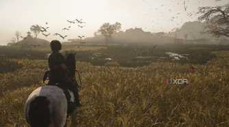 A screenshot from Assassin's Creed Shadows, showing a woman on horseback in the wetlands.