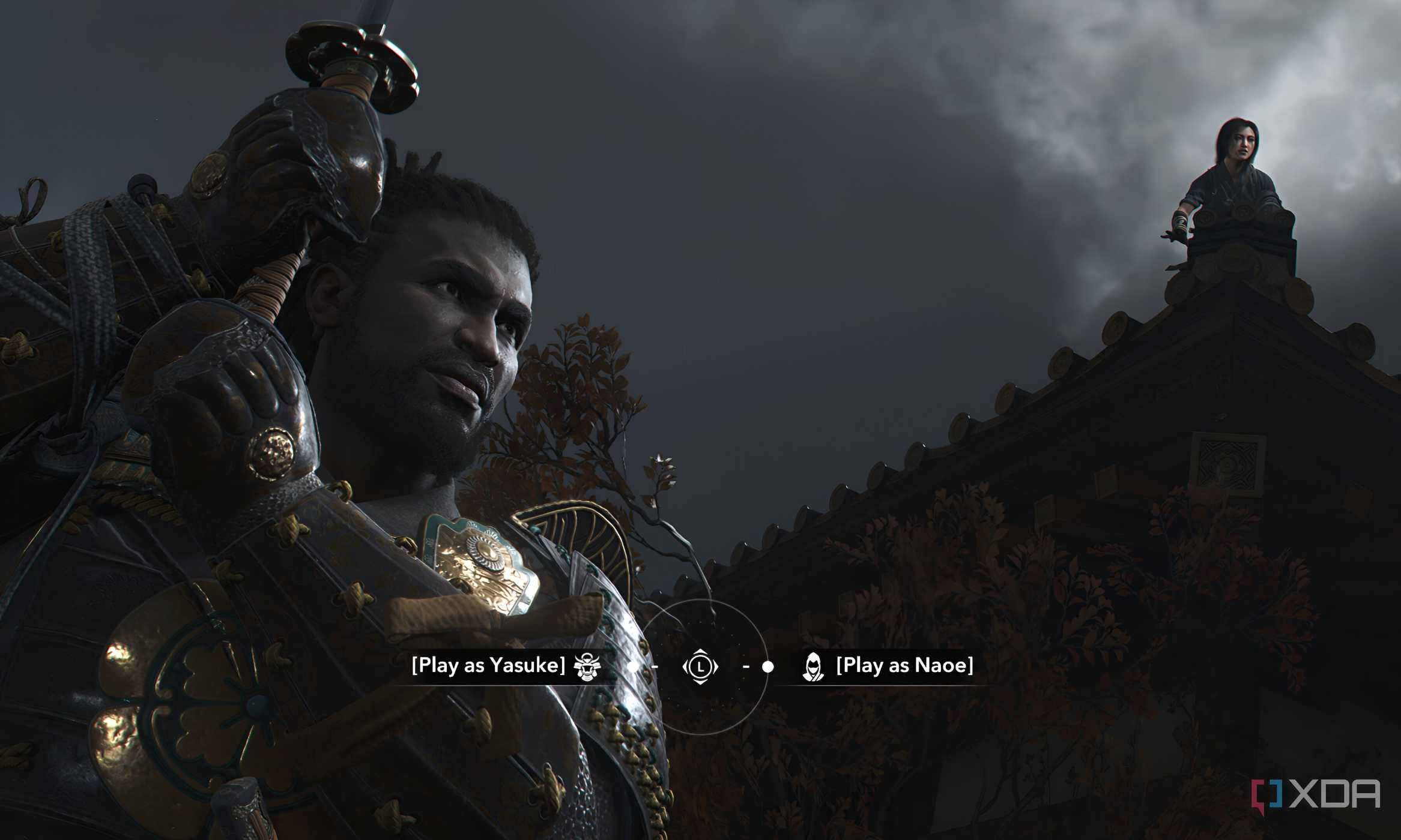 A screenshot from Assassin's Creed Shadows, showing the game's two protagonists.