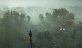A screenshot from Assassin's Creed Shadows, showing Naoe, the protagonist, perched atop a tall pillar as rain sweeps around her.