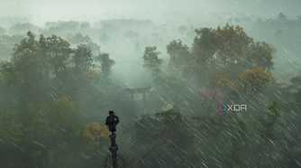 A screenshot from Assassin's Creed Shadows, showing Naoe, the protagonist, perched atop a tall pillar as rain sweeps around her.