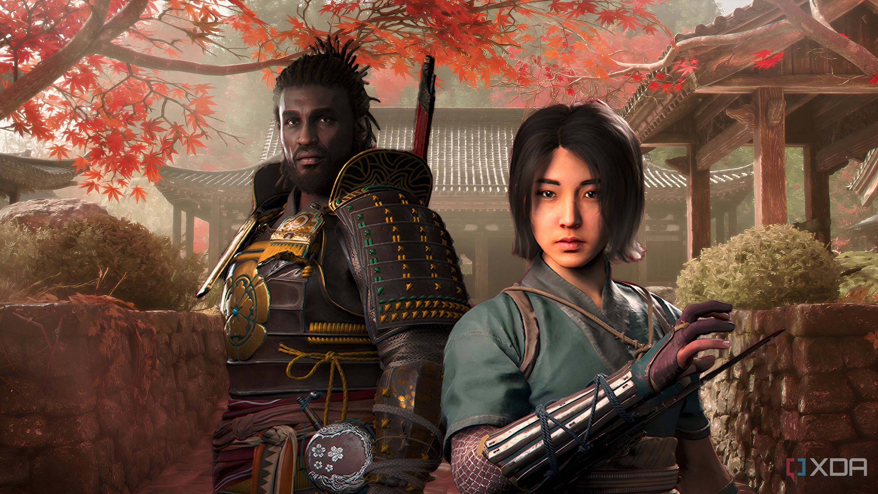 An image of Fujibayashi Naoe and Yasuke in front of red trees and Japanese architecture.