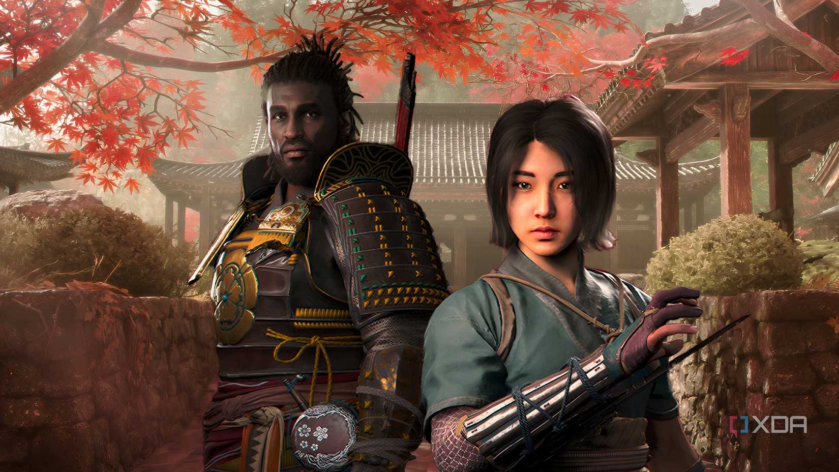An image of Fujibayashi Naoe and Yasuke in front of red trees and Japanese architecture.