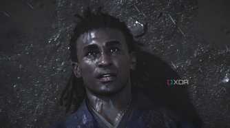 A screenshot from Assassin's Creed Shadows, showing Yasuke, the protagonist, laying on the ground as it rains.