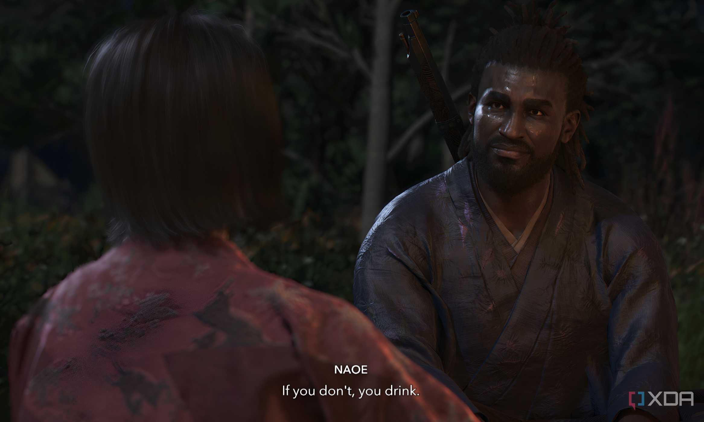 A screenshot from Assassin's Creed Shadows, showing the two protagonists sitting together.
