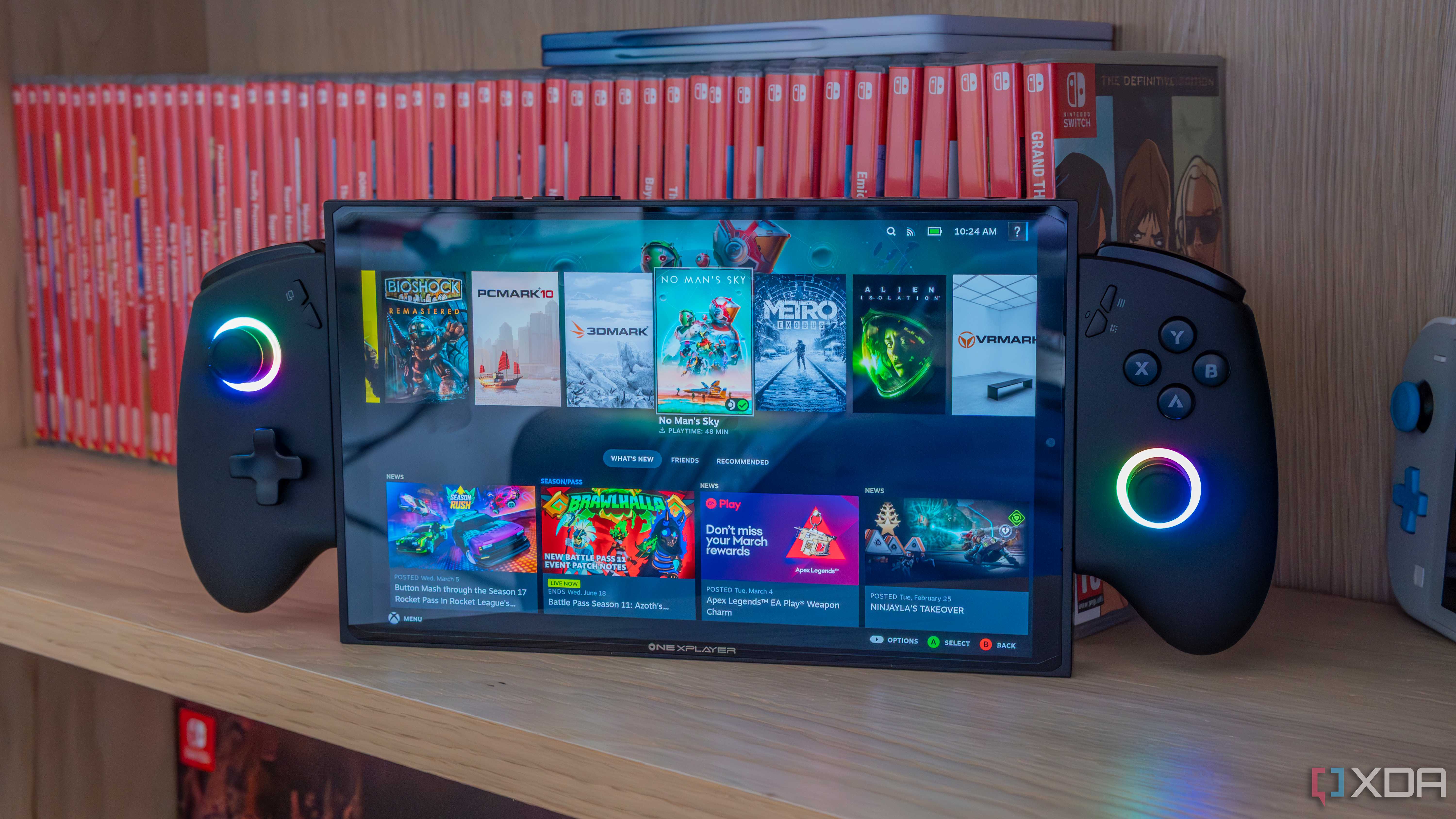 A gaming handheld running Bazzite in Steam gaming mode