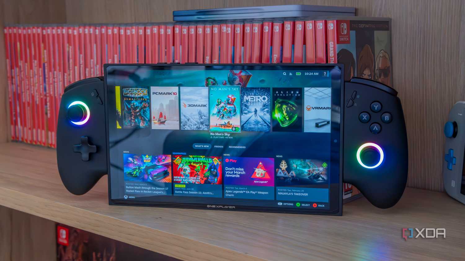 A gaming handheld running Bazzite in Steam gaming mode