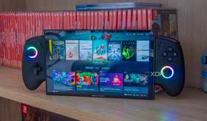 A gaming handheld running Bazzite in Steam gaming mode