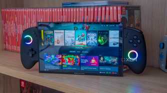 A gaming handheld running Bazzite in Steam gaming mode