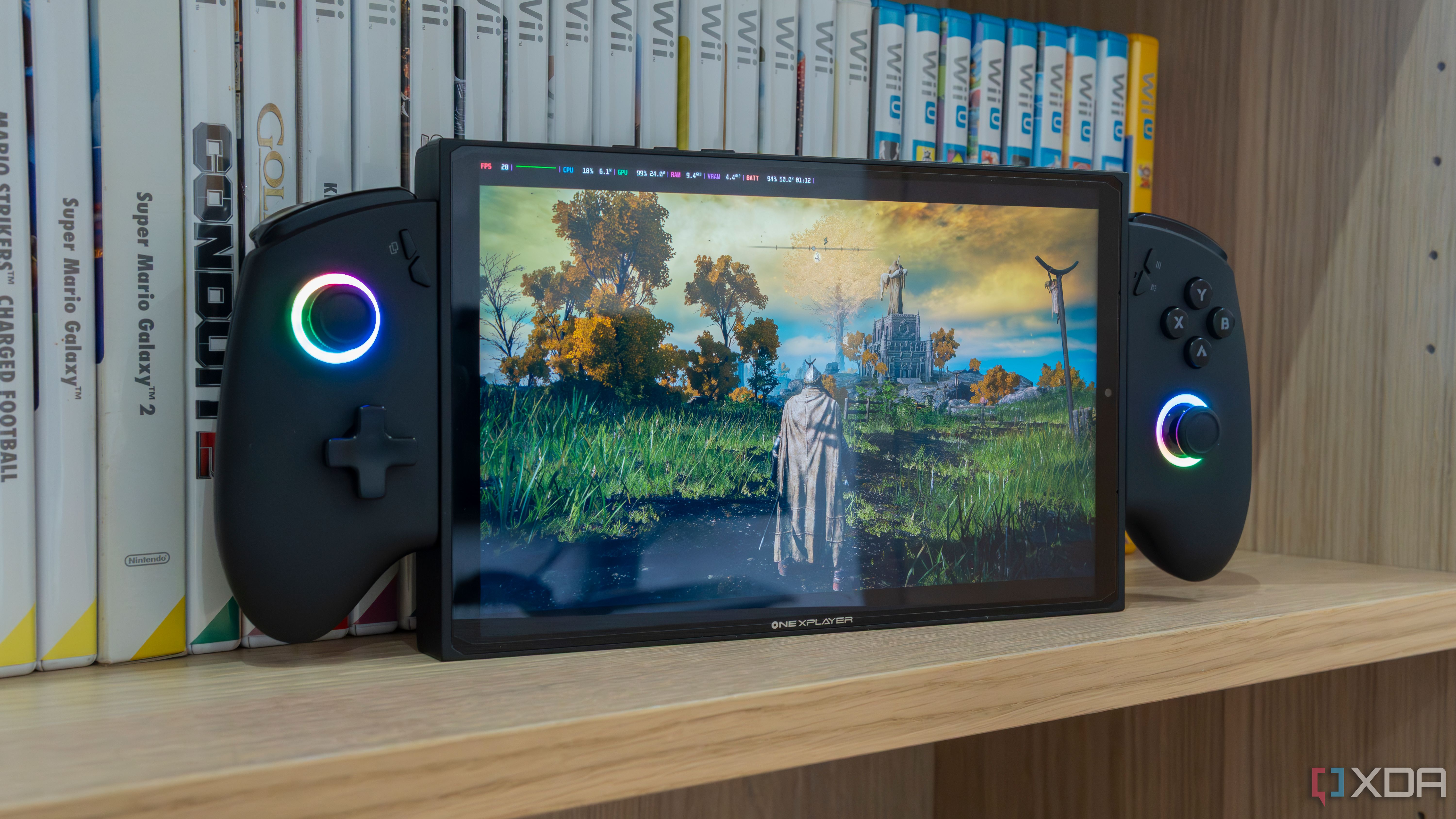 A gaming handheld playing Elden Ring in Bazzite with performance metrics shown at the top