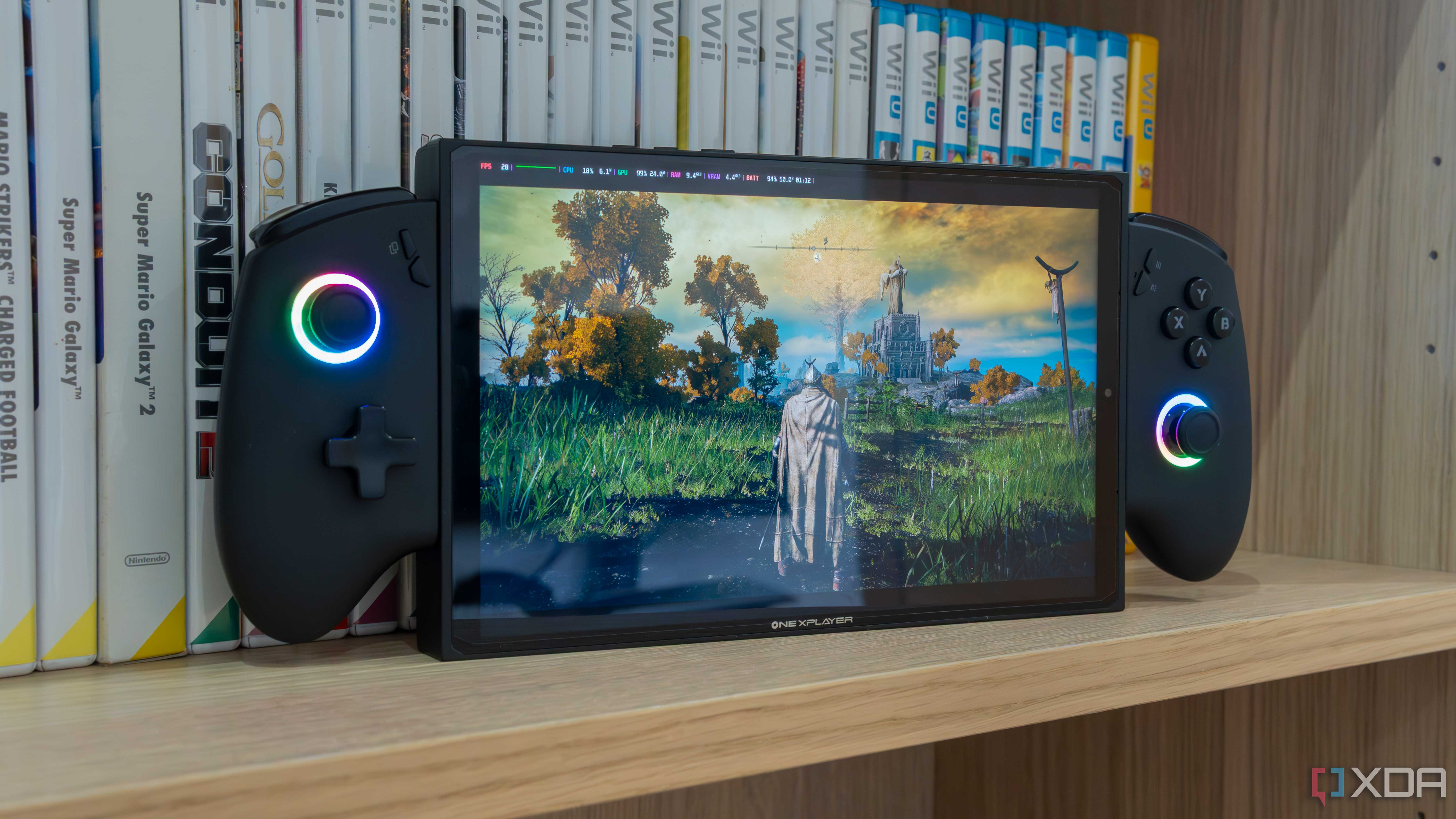 A gaming handheld playing Elden Ring in Bazzite with performance metrics shown at the top