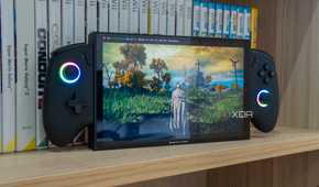 A gaming handheld playing Elden Ring in Bazzite with performance metrics shown at the top