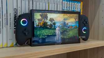 A gaming handheld playing Elden Ring in Bazzite with performance metrics shown at the top