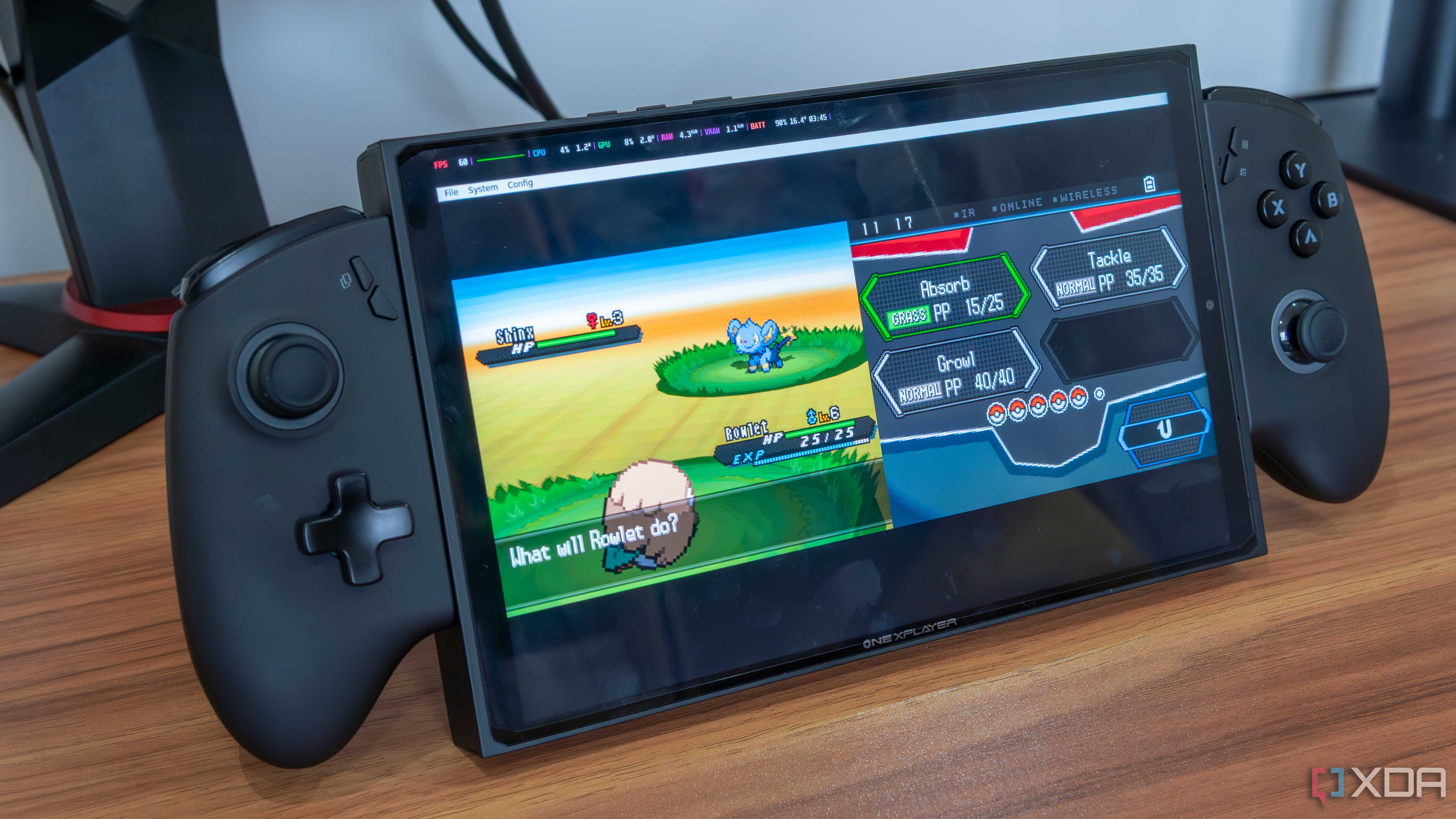 A gaming handheld running a Nintendo DS emulator in Bazzite